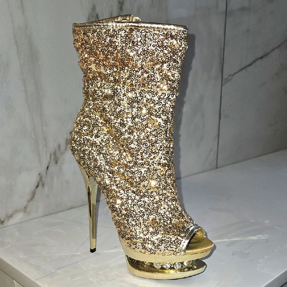 Gold Sequin Stiletto Ankle Boots